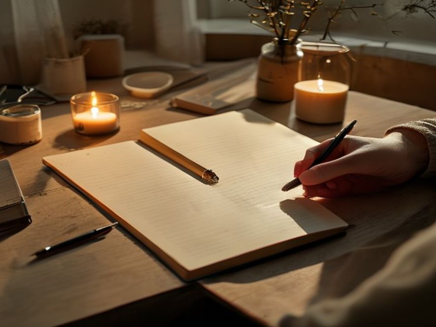 Hands with a journal and pen by candlelight