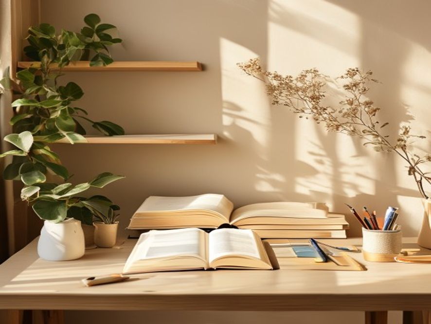 An open book, a houseplant, and various items suggesting different activities